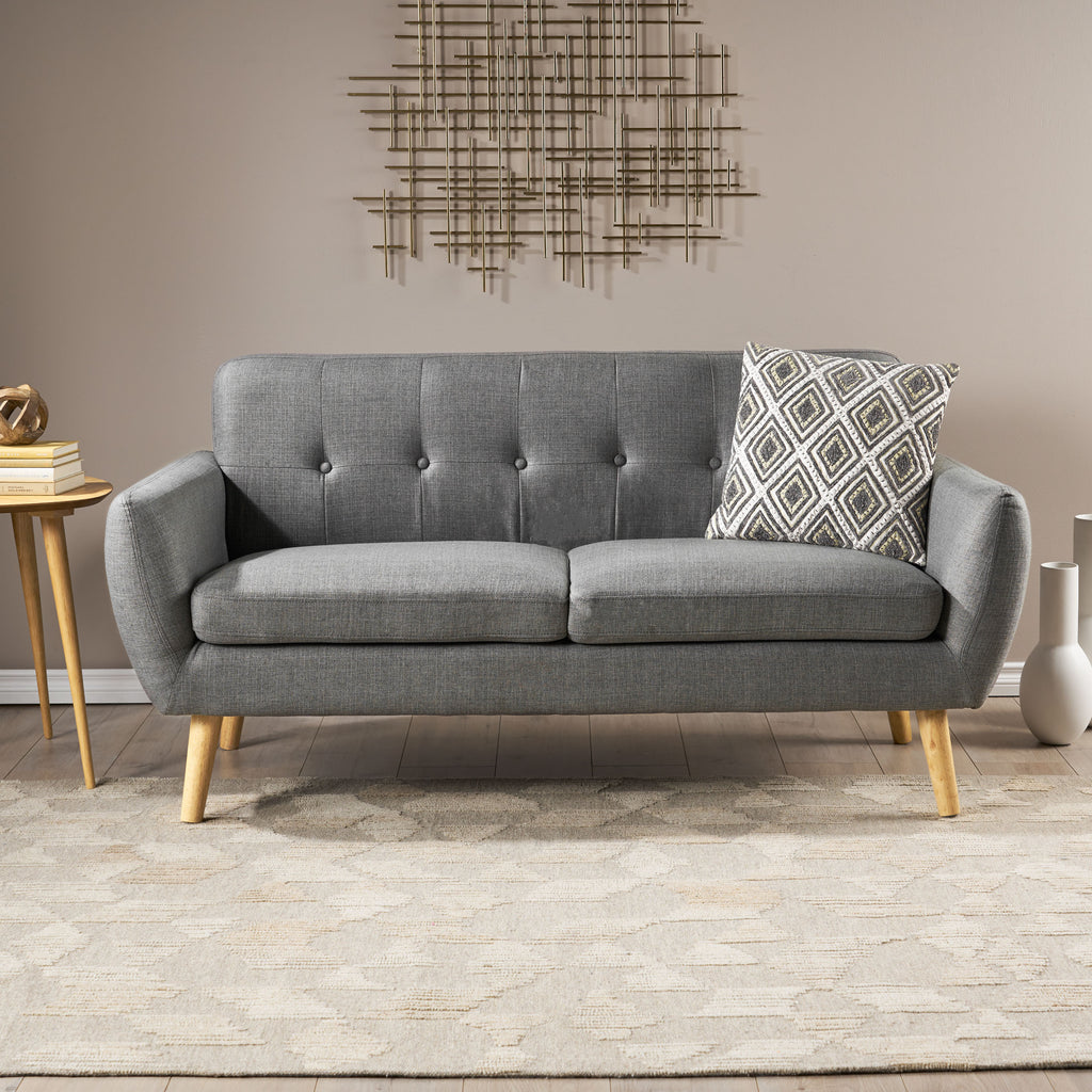 Mid-Century Modern Loveseat with Button-Tufted Waffle Stitch & Tapered Wood Legs – Compact Small-Space Sofa