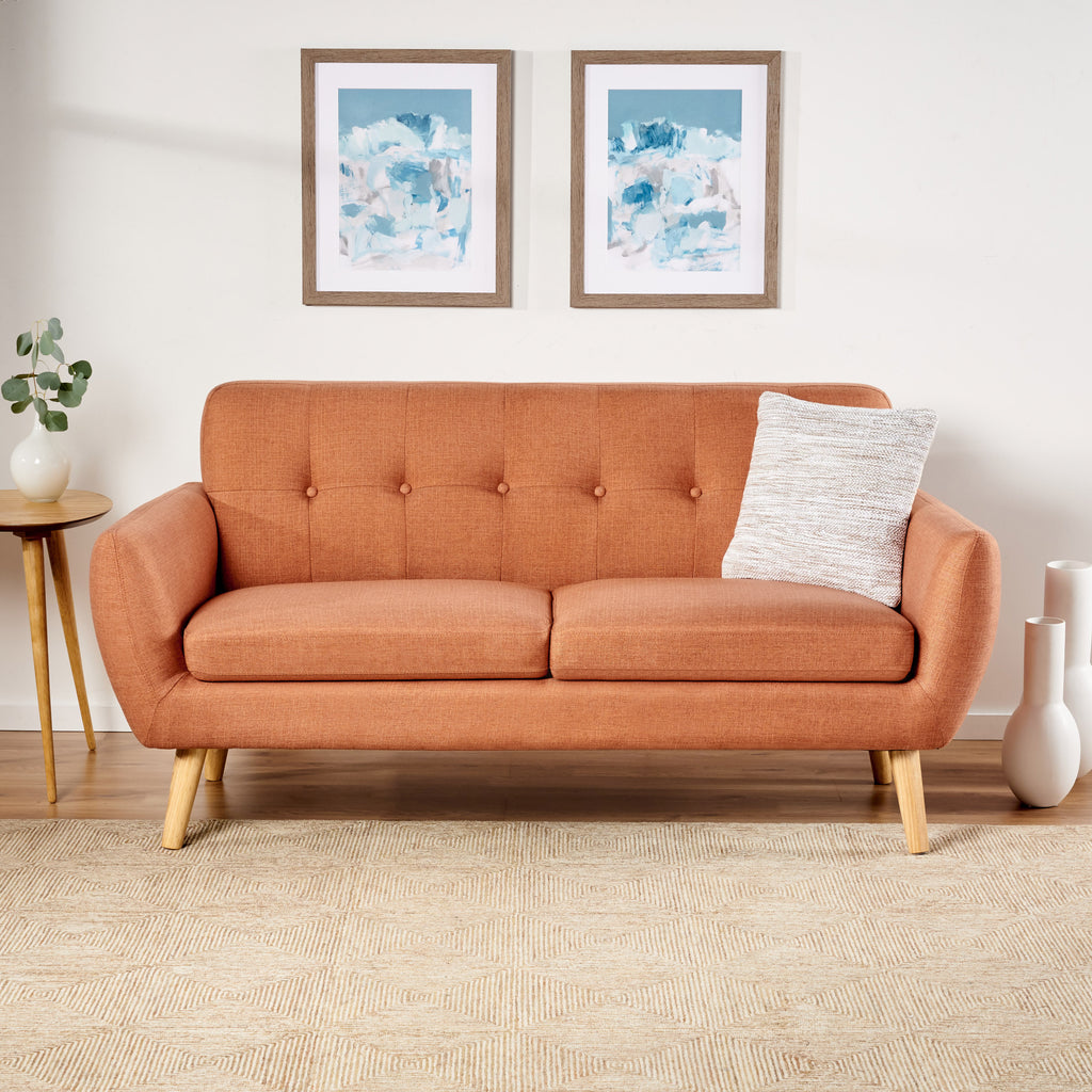 Mid-Century Modern Loveseat with Button-Tufted Waffle Stitch & Tapered Wood Legs – Compact Small-Space Sofa