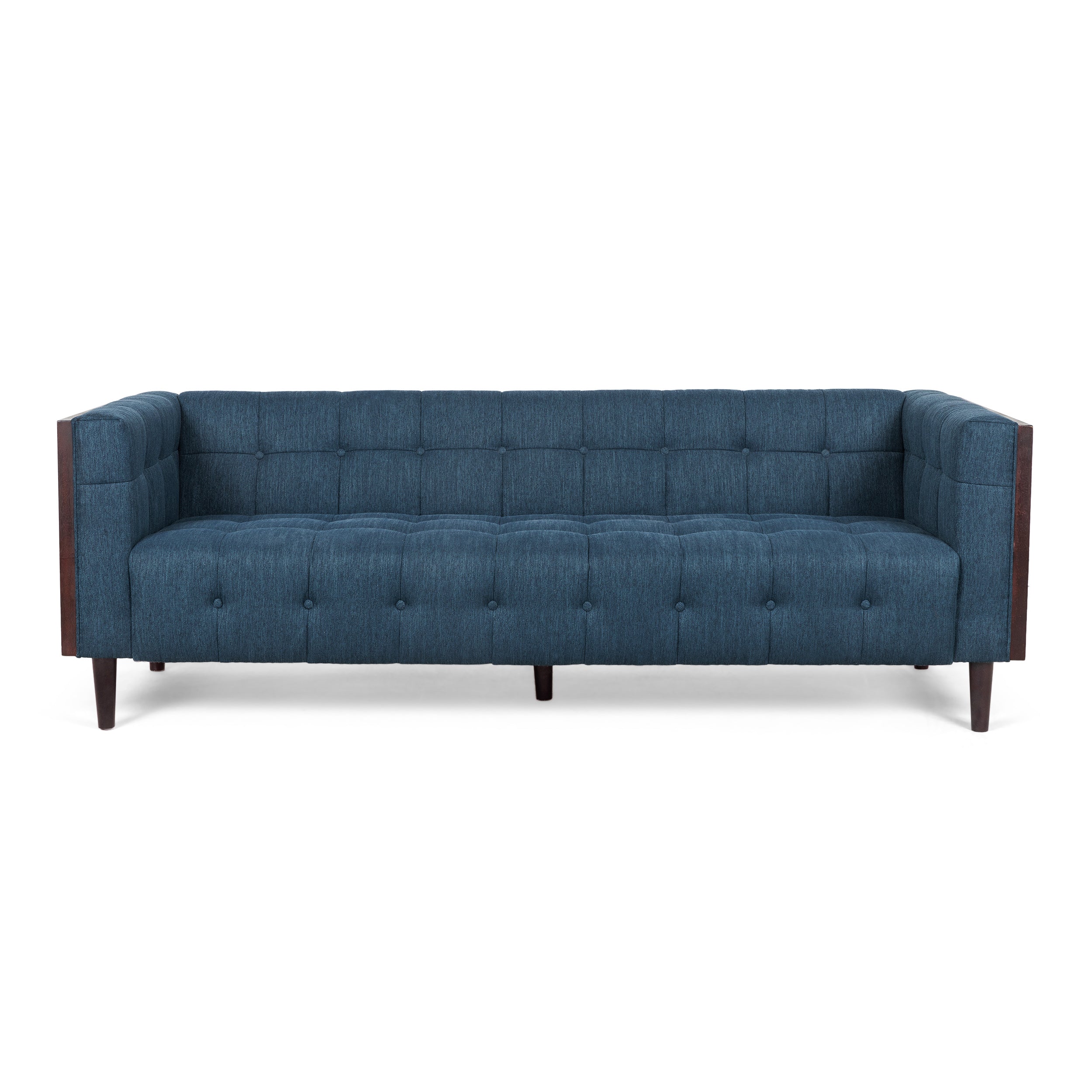 Stylish Mid-Century Modern Three-Seater Sofa with Button-Tufted Waffle Stitch