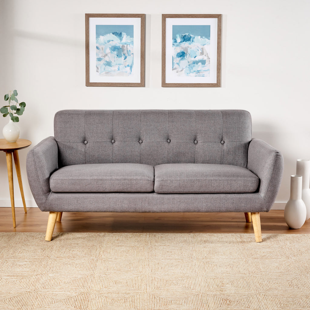 Mid-Century Modern Loveseat with Button-Tufted Waffle Stitch & Tapered Wood Legs – Compact Small-Space Sofa