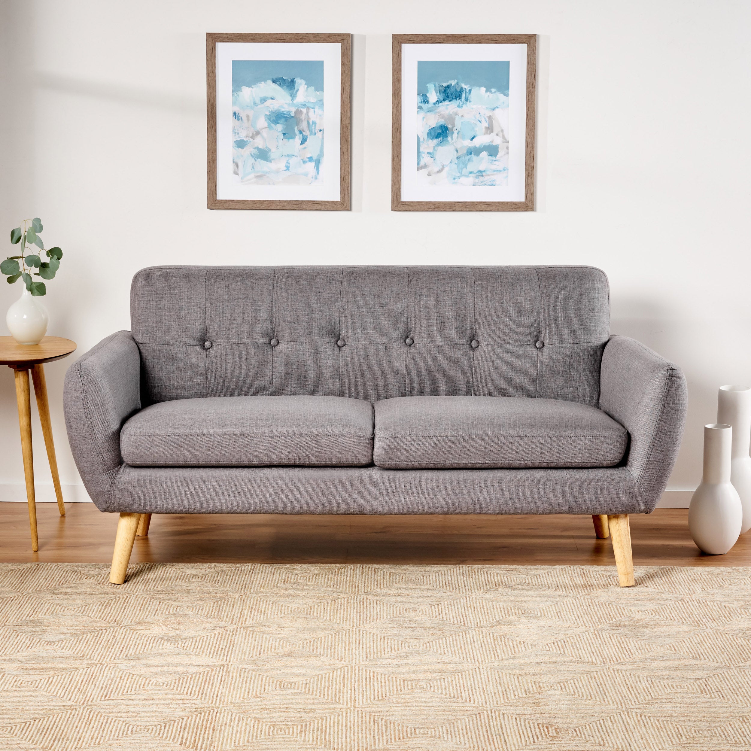 Mid-Century Modern Loveseat with Button-Tufted Waffle Stitch & Tapered Wood Legs – Compact Small-Space Sofa