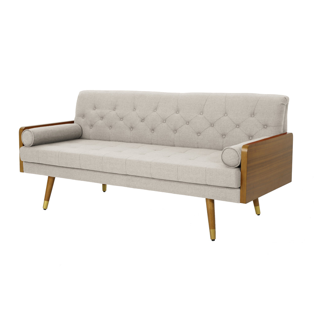Mid-Century Modern Sofa with Button Tufting & Gold-Tipped Rubberwood Legs – Fabric Upholstered Living Room Couch