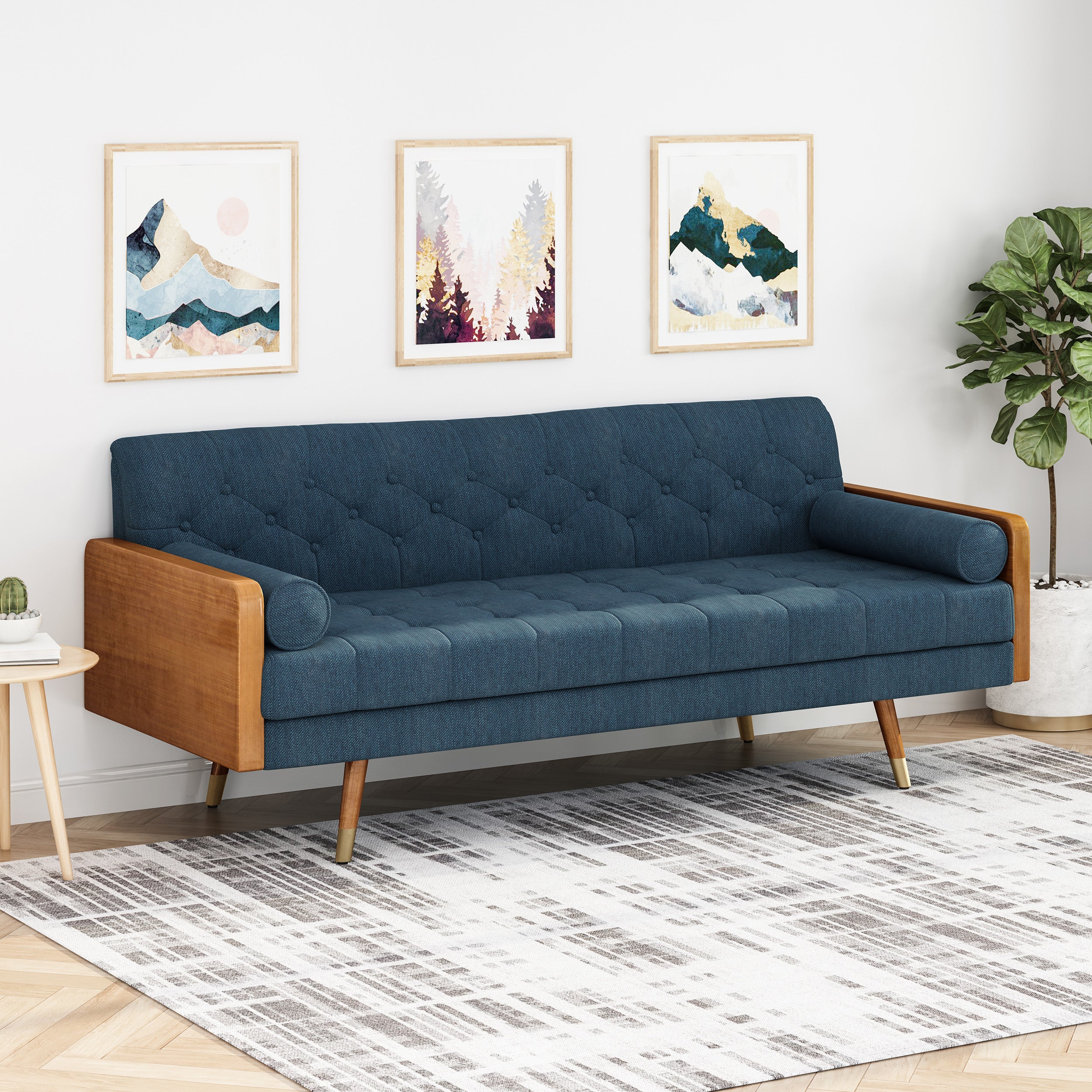 Mid-Century Modern Sofa with Button Tufting & Gold-Tipped Rubberwood Legs – Fabric Upholstered Living Room Couch