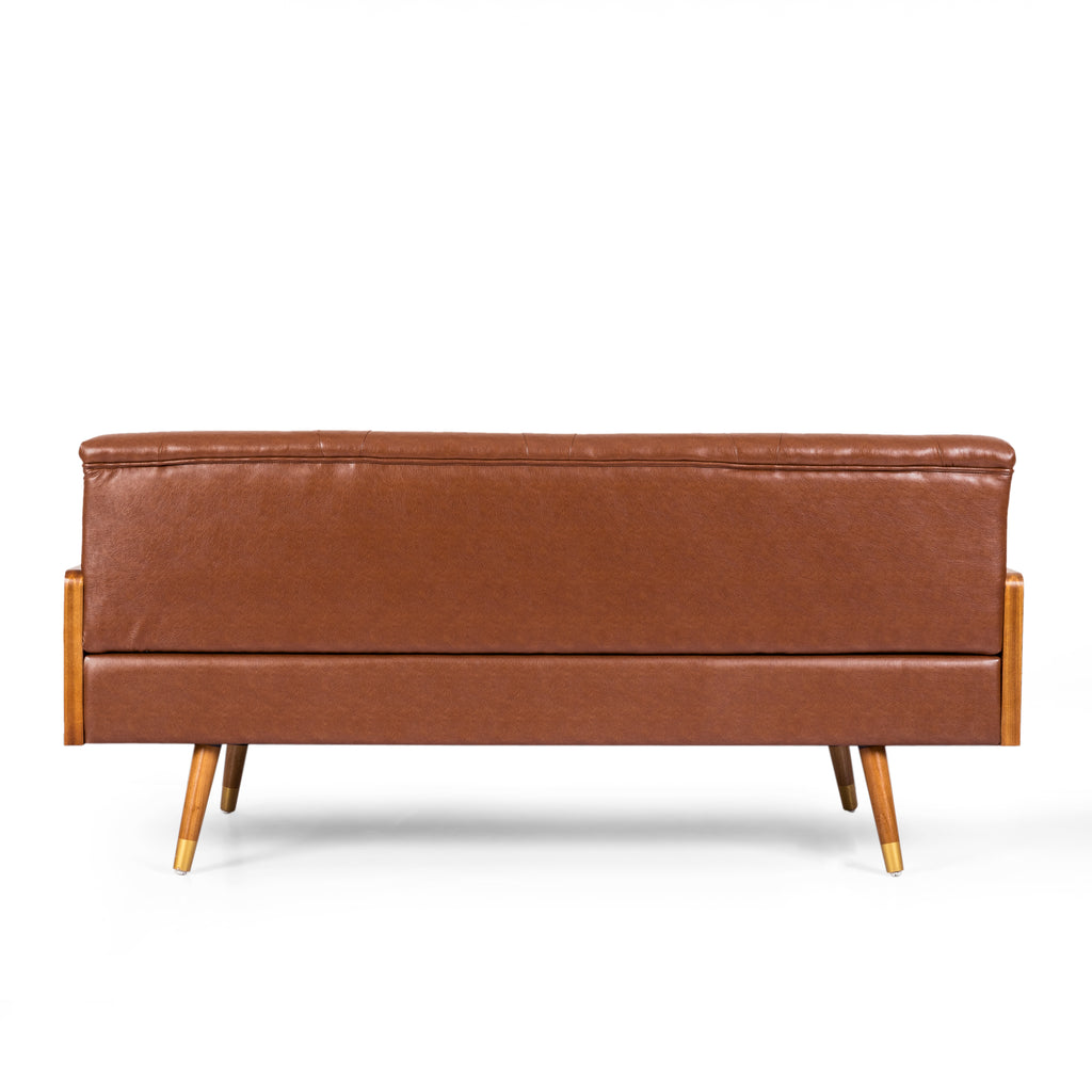Mid-Century Modern Sofa with Button Tufting & Gold-Tipped Rubberwood Legs – Fabric Upholstered Living Room Couch