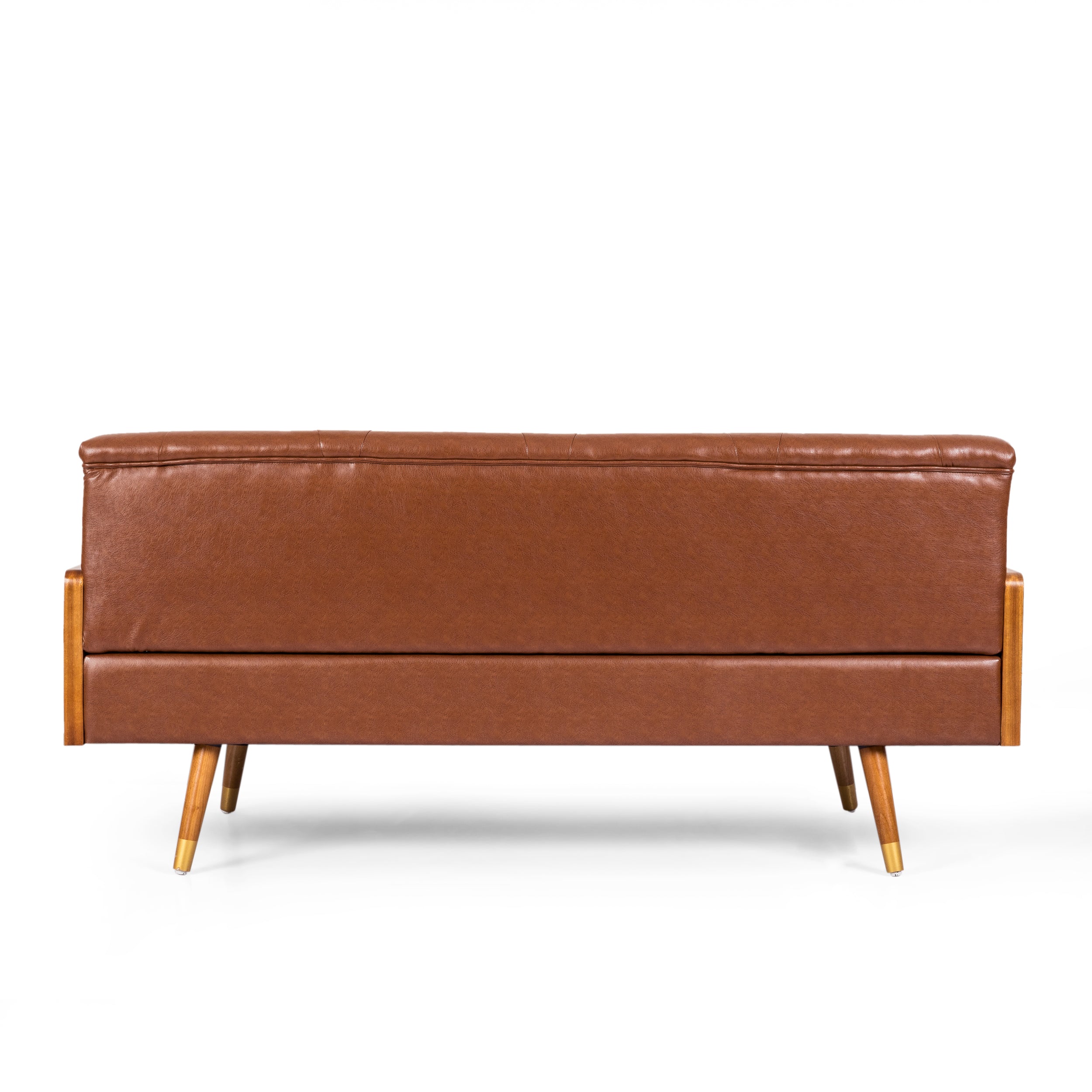 Mid-Century Modern Sofa with Button Tufting & Gold-Tipped Rubberwood Legs – Fabric Upholstered Living Room Couch
