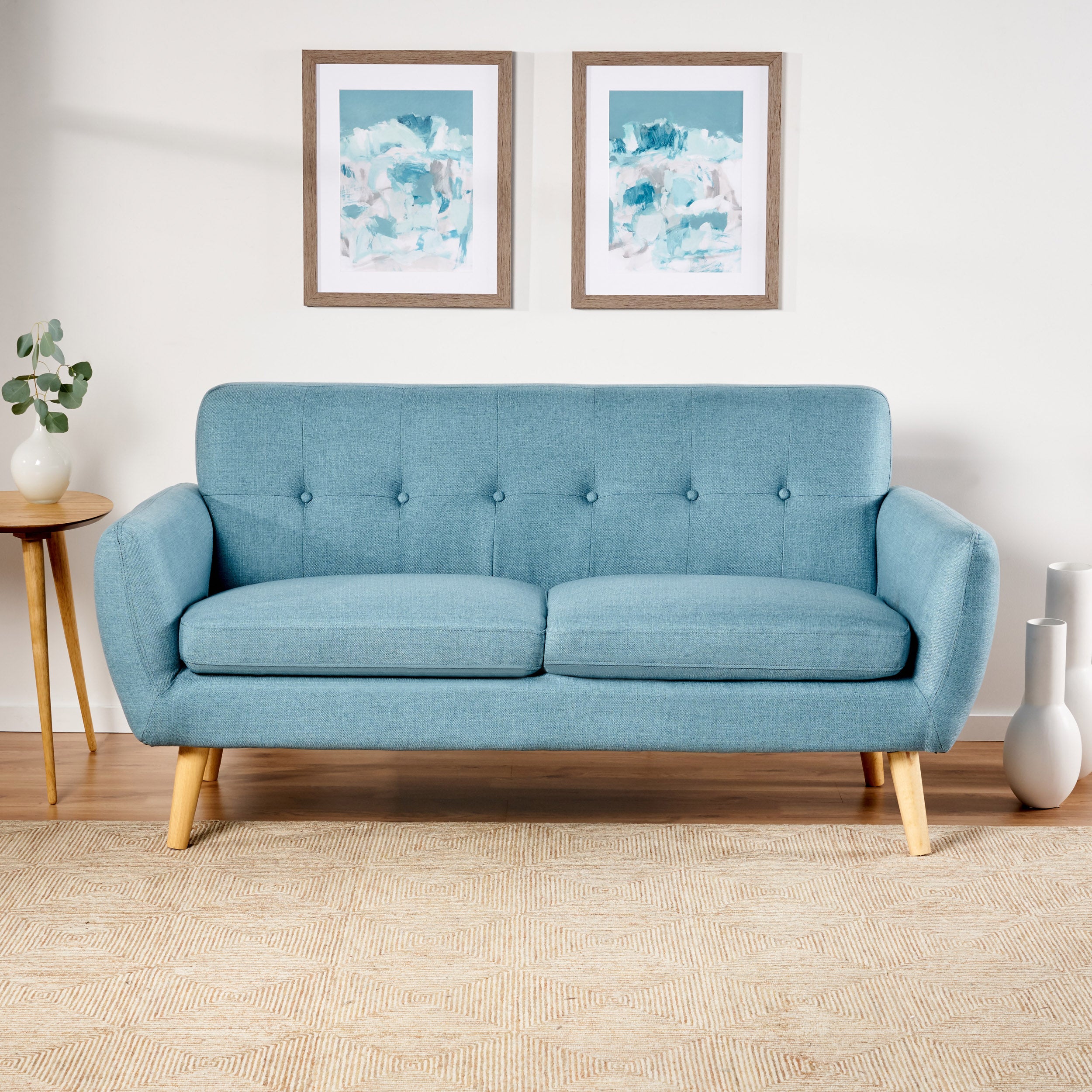 Mid-Century Modern Loveseat with Button-Tufted Waffle Stitch & Tapered Wood Legs – Compact Small-Space Sofa