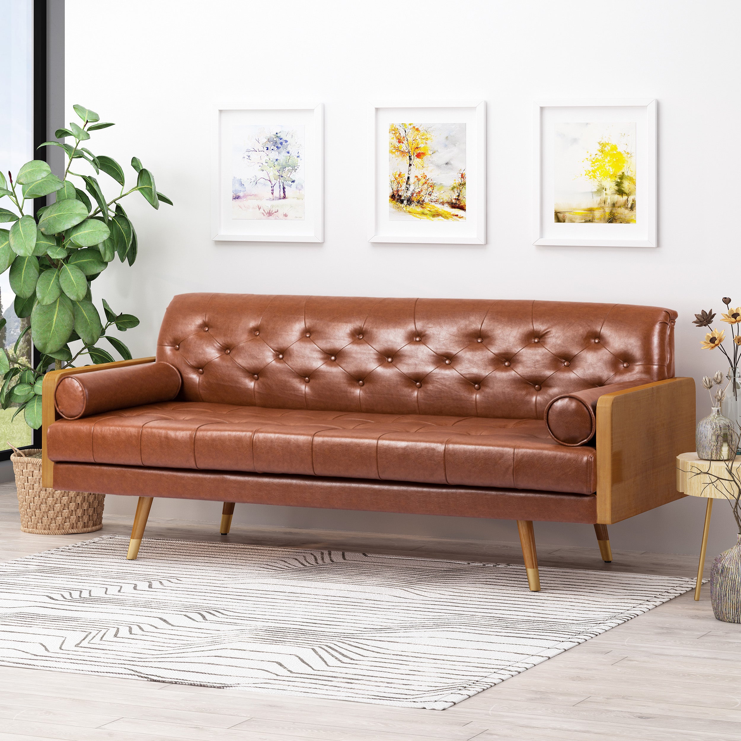 Mid-Century Modern Sofa with Button Tufting & Gold-Tipped Rubberwood Legs – Fabric Upholstered Living Room Couch