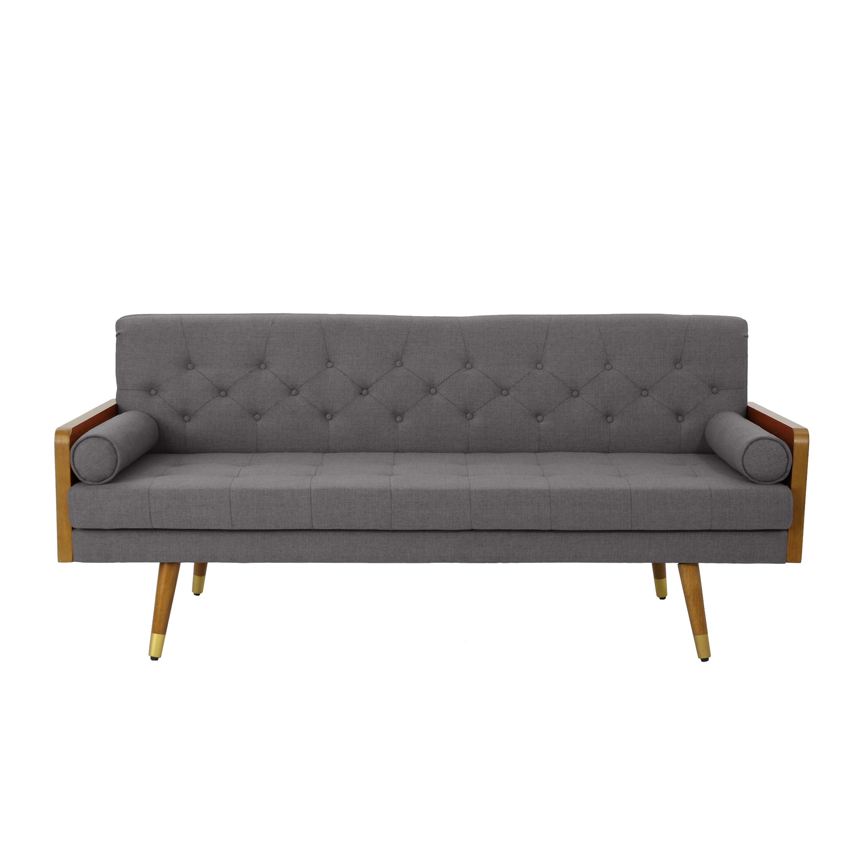 Mid-Century Modern Sofa with Button Tufting & Gold-Tipped Rubberwood Legs – Fabric Upholstered Living Room Couch