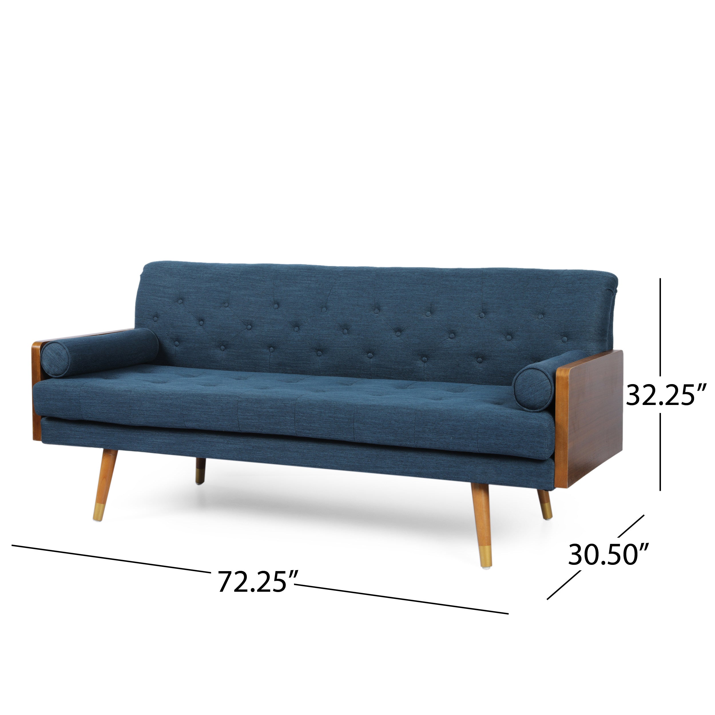 Mid-Century Modern Sofa with Button Tufting & Gold-Tipped Rubberwood Legs – Fabric Upholstered Living Room Couch