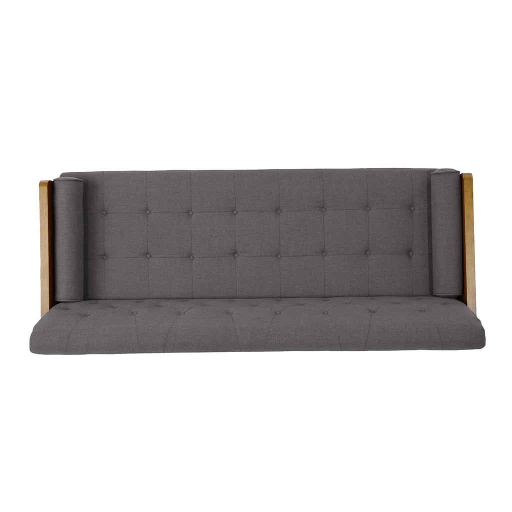 Mid-Century Modern Sofa with Button Tufting & Gold-Tipped Rubberwood Legs – Fabric Upholstered Living Room Couch