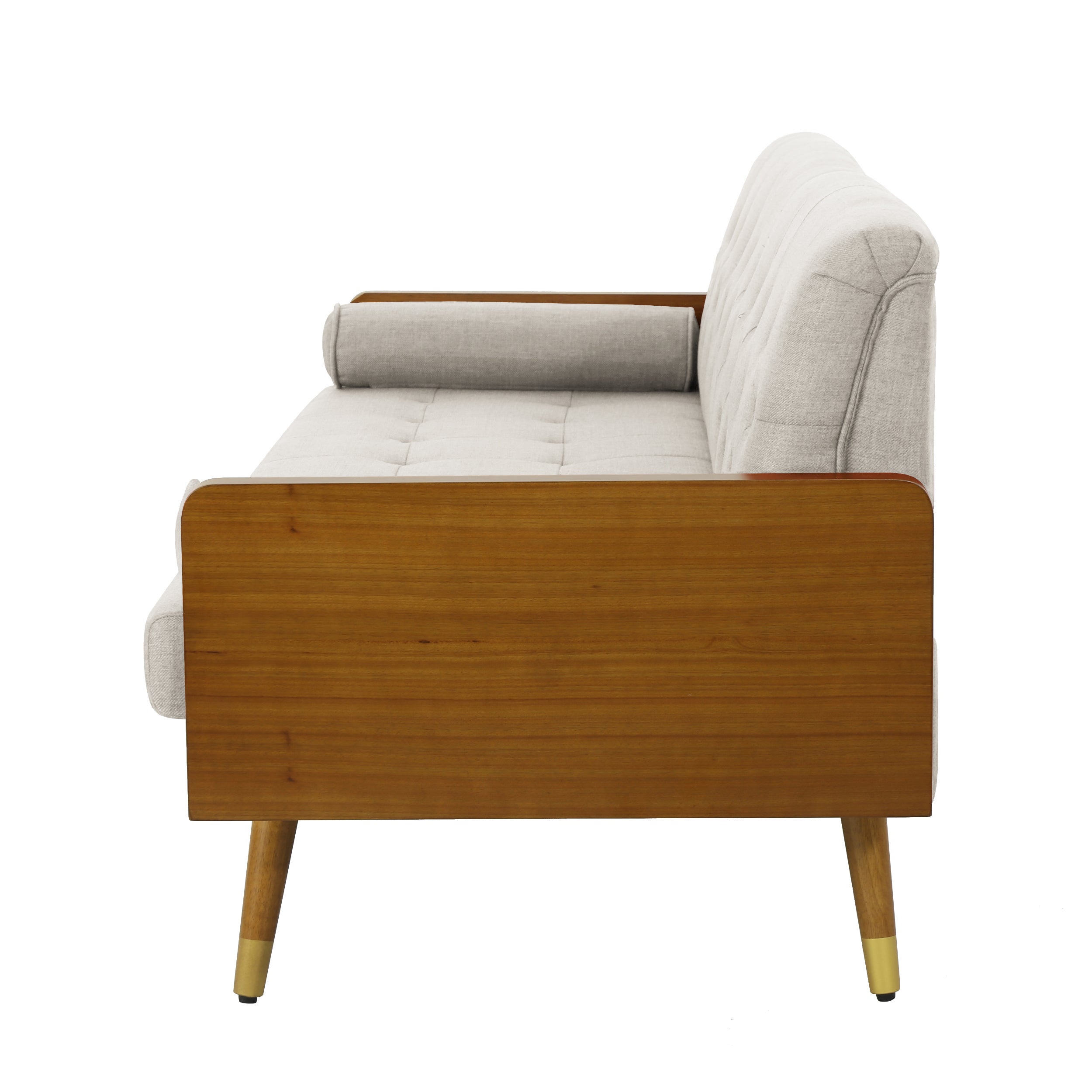 Mid-Century Modern Sofa with Button Tufting & Gold-Tipped Rubberwood Legs – Fabric Upholstered Living Room Couch