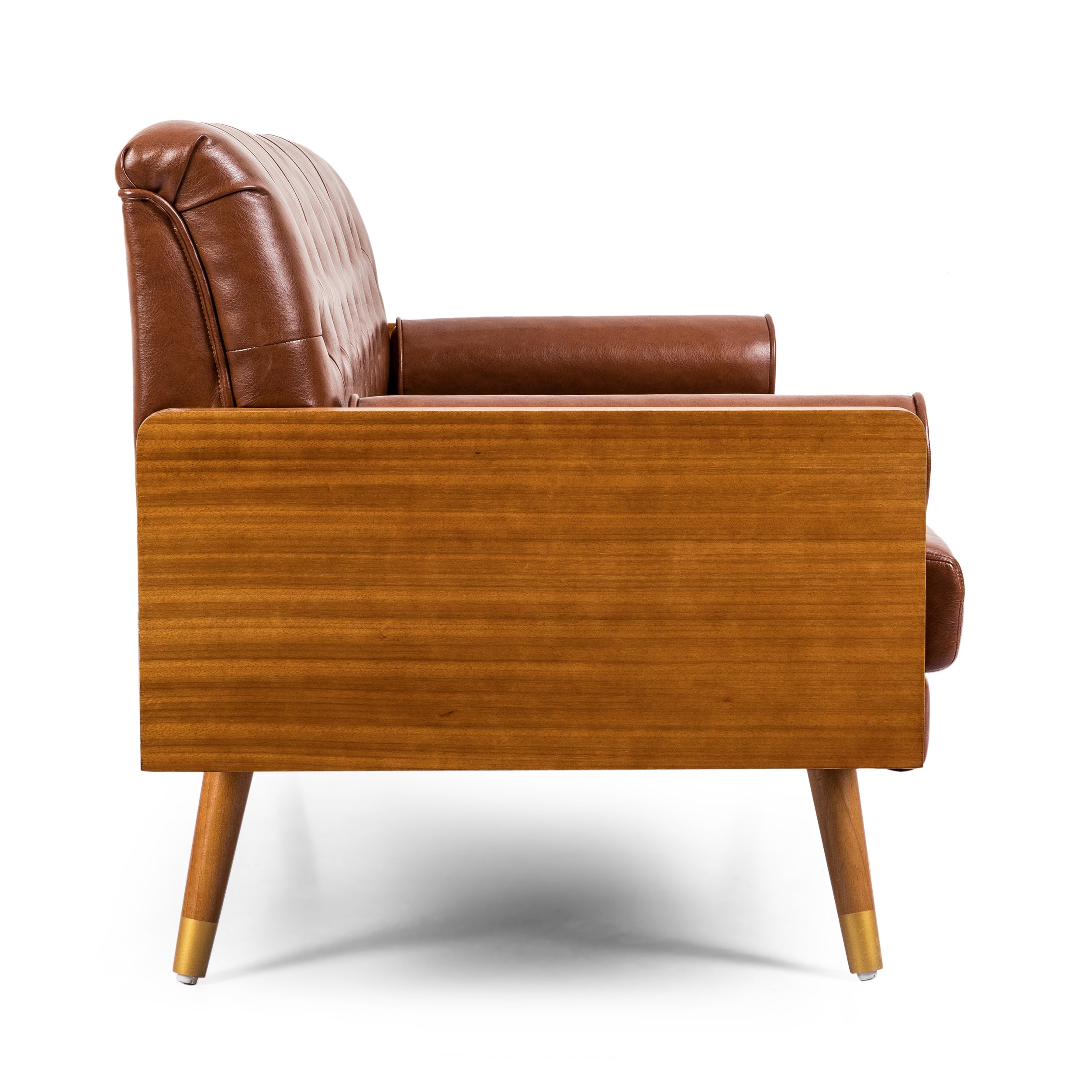 Mid-Century Modern Sofa with Button Tufting & Gold-Tipped Rubberwood Legs – Fabric Upholstered Living Room Couch