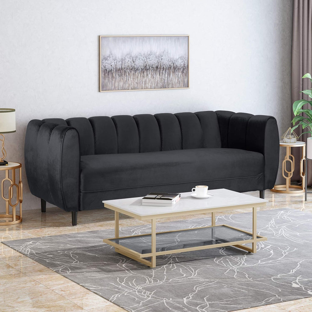 Modern Glam Velvet Sofa with Channel Stitching & Birch Wood Legs – Luxury Upholstered Living Room Couch
