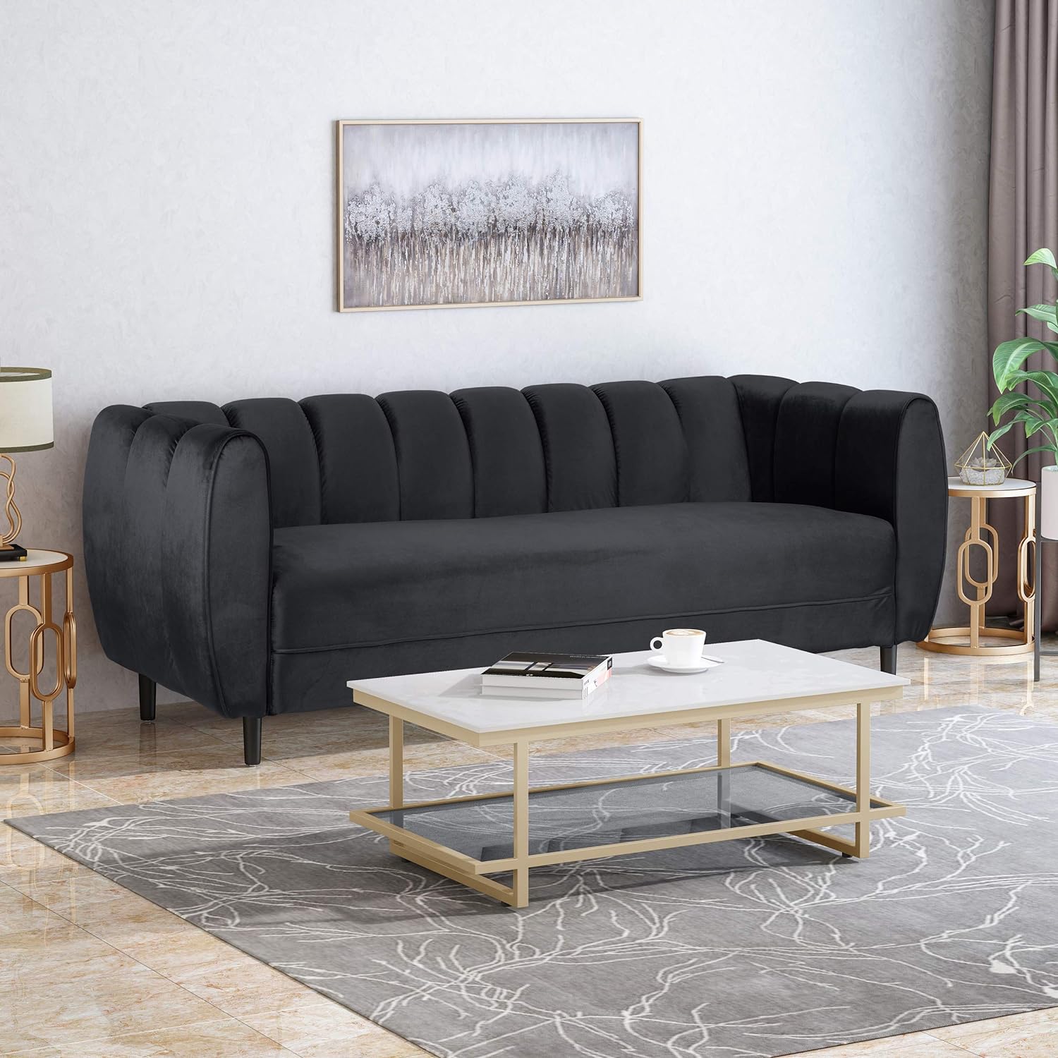 Modern Glam Velvet Sofa with Channel Stitching & Birch Wood Legs – Luxury Upholstered Living Room Couch