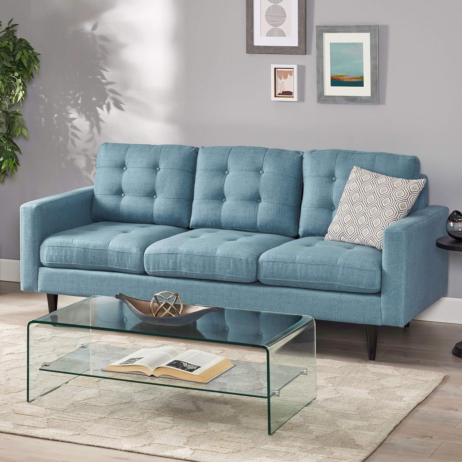 Contemporary 3-Seater Sofa with Button-Tufted Waffle Stitch & Tapered Rubberwood Legs