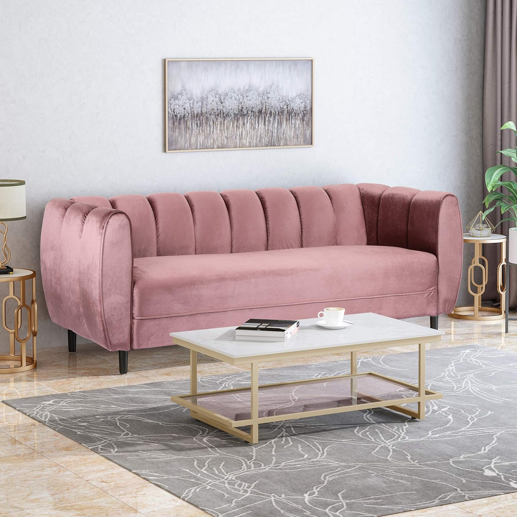 Modern Glam Velvet Sofa with Channel Stitching & Birch Wood Legs – Luxury Upholstered Living Room Couch