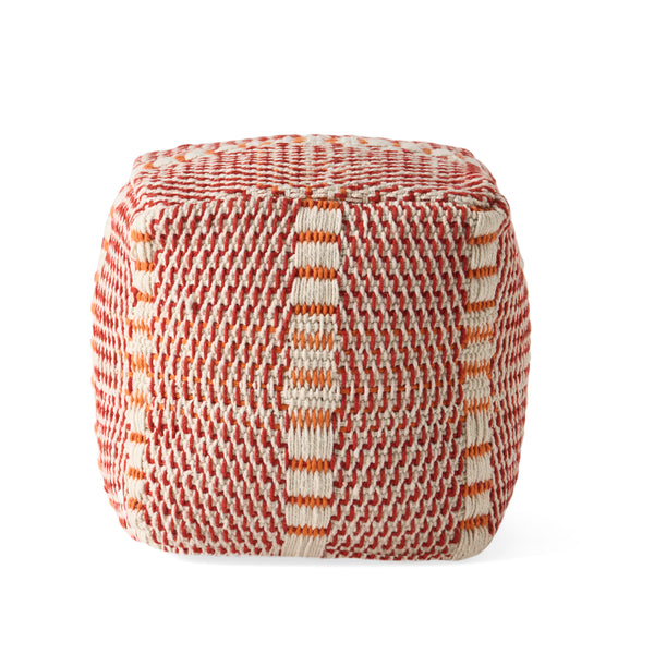 Louise Indoor Boho Water Resistant 16" Square Ottoman Pouf, Red and Orange