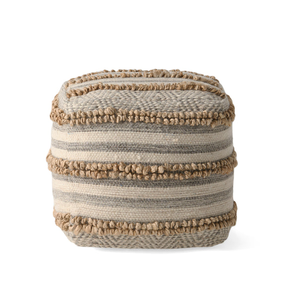 Gladys Contemporary Hemp, Wool and Cotton Pouf Ottoman, Natural and Gray
