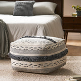 Laura Contemporary Faux Yarn Pouf Ottoman, Ivory and Gray