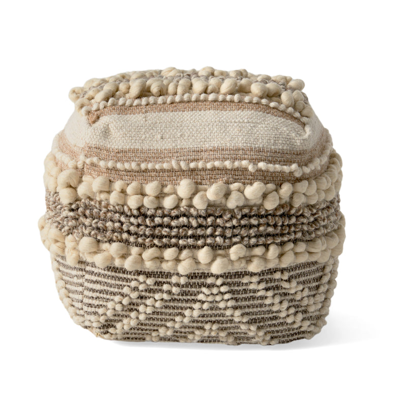 Annabelle Contemporary Wool and Cotton Pouf Ottoman, Natural and White