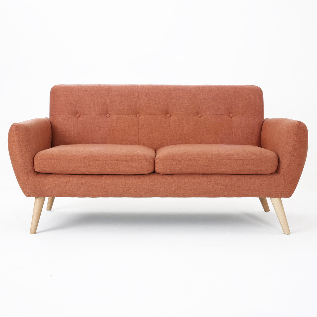 Mid-Century Modern Loveseat with Button-Tufted Waffle Stitch & Tapered Wood Legs – Compact Small-Space Sofa