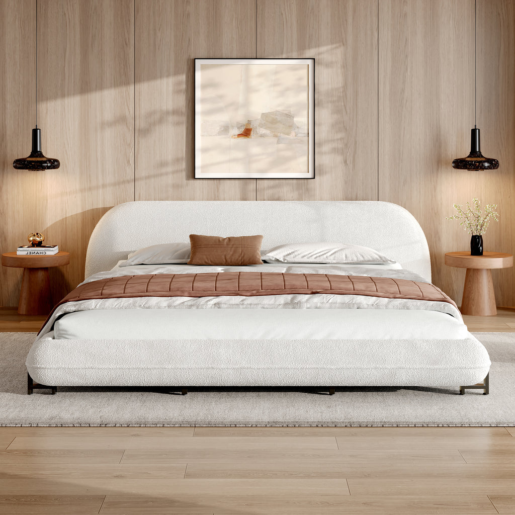 Christopher Knight Home Modern Boucle Upholstered Bed Frame with Thick Padded Headboard & Sturdy Wood-Steel Support
