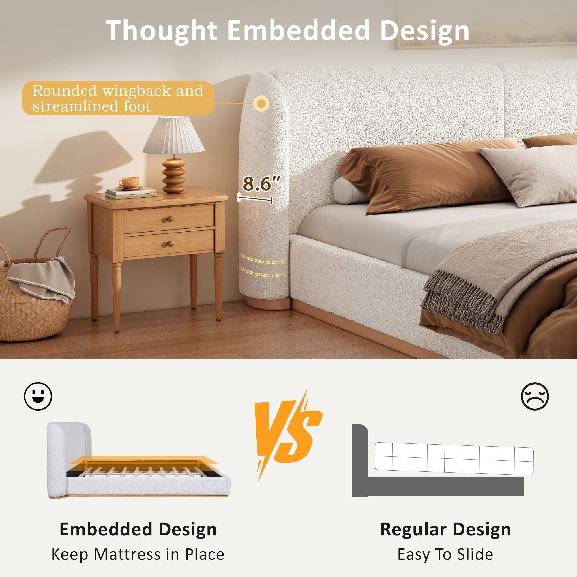 Christopher Knight Home Modern Boucle Upholstered Platform Bed with Solid Wood Base & Wingback Headboard