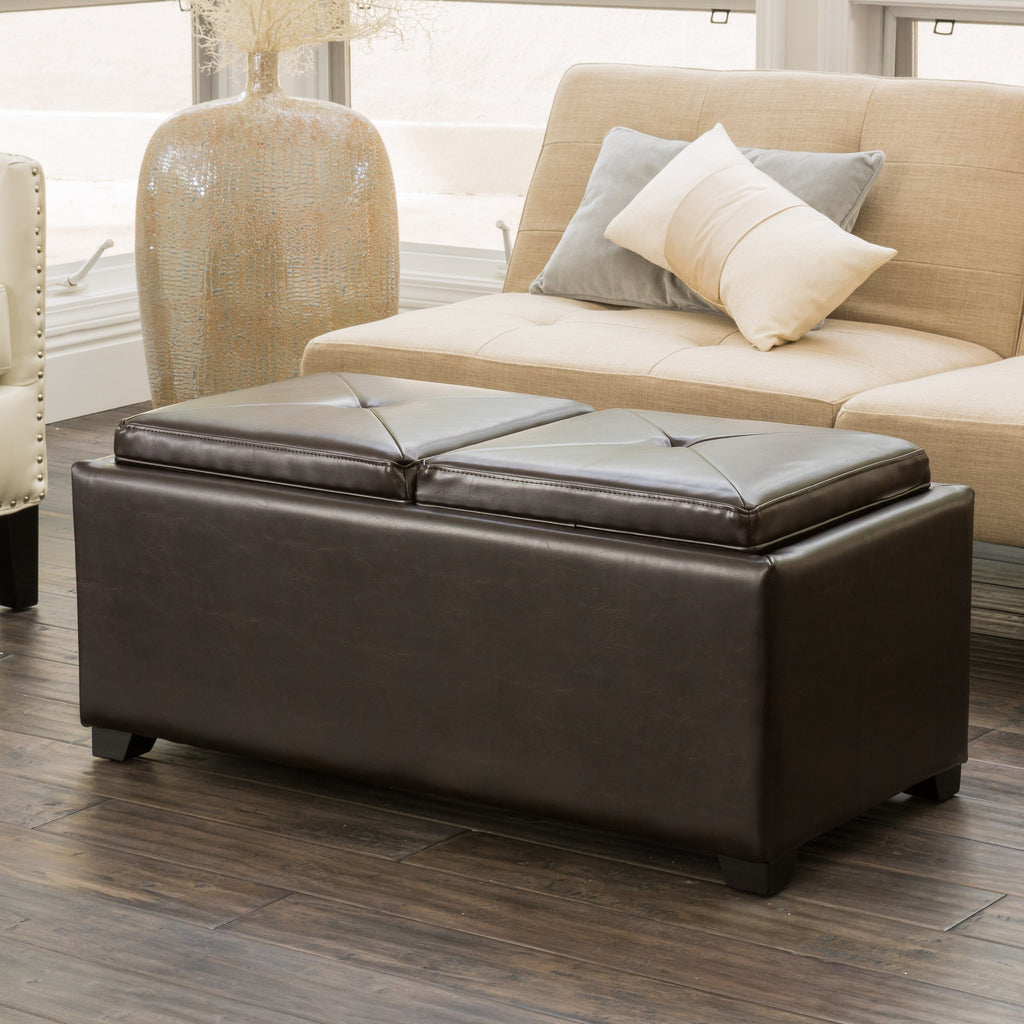 Christopher Knight Home Brown Leather Tray Storage Ottoman – Rectangular Coffee Table Bench with Hidden Storage