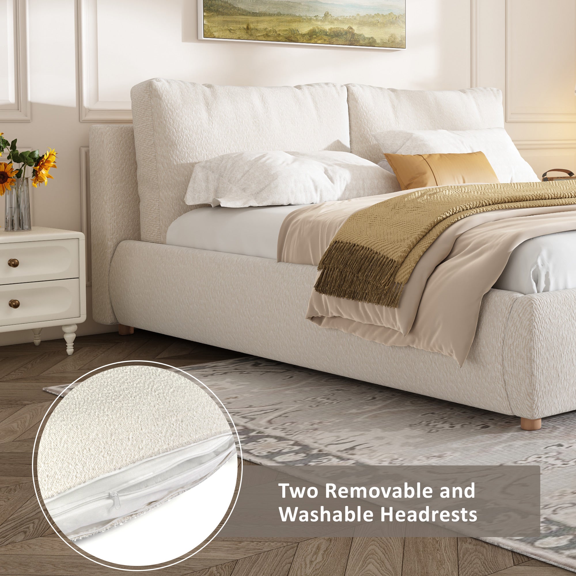 Christopher Knight Home Modern Boucle Upholstered Platform Bed with Pillow Headboard