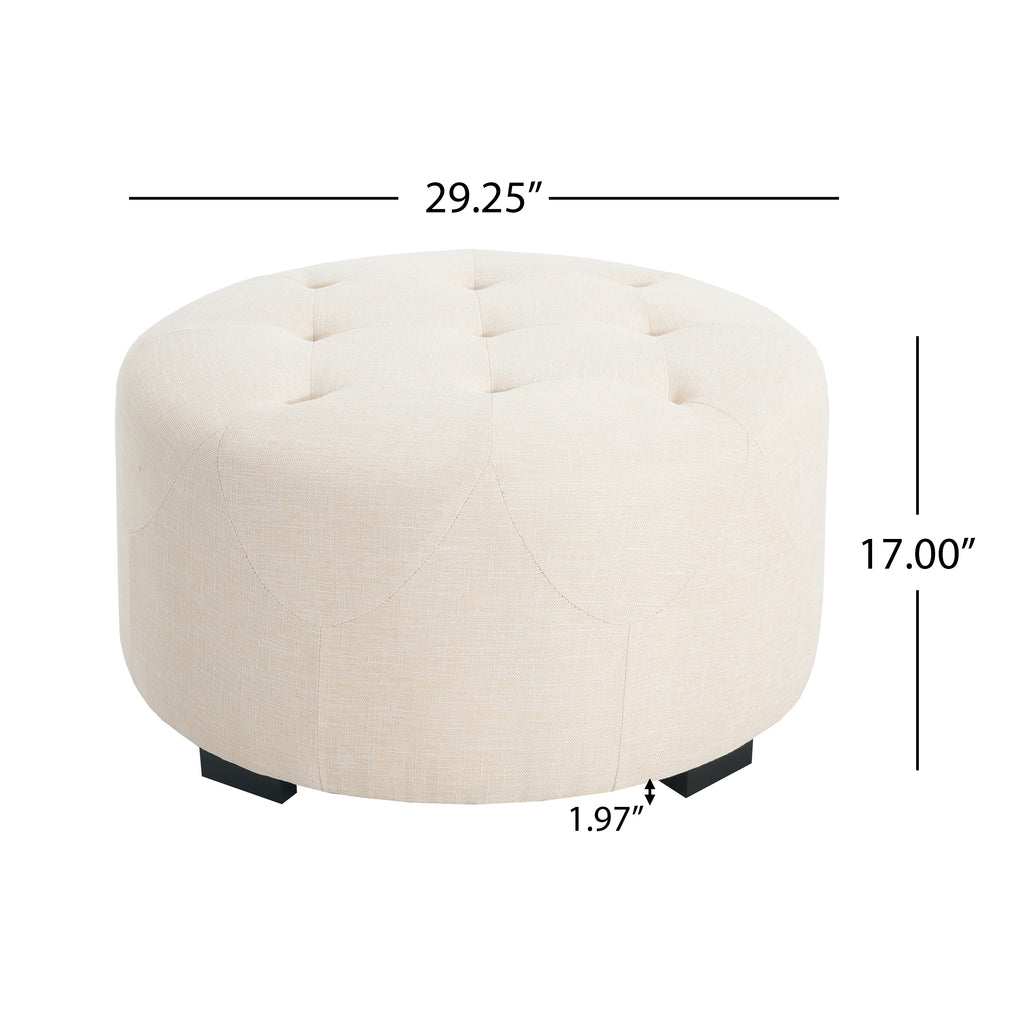 Christopher Knight Home Round Linen Ottoman with Button Tufted Design & Birch Wood Legs – Versatile Footstool and Extra Seating