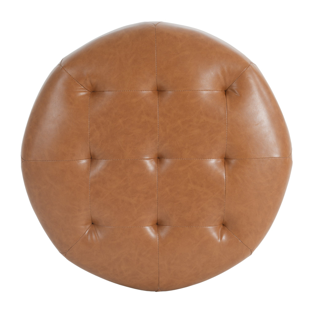 Christopher Knight Home Faux Leather Round Ottoman with Button Tufted PU Upholstery & Birch Wood Legs – Footstool and Extra Seating