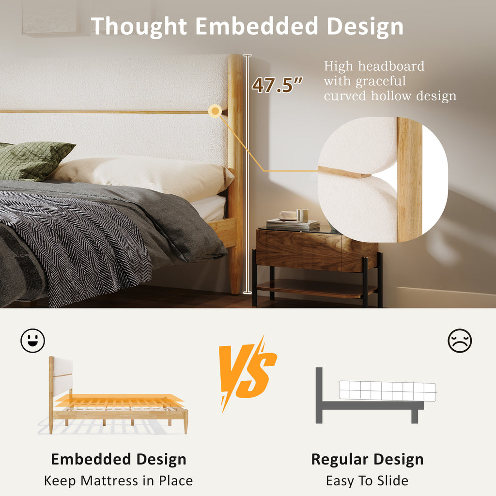 Christopher Knight Home Rubber Wood Upholstered Bed Frame with Tall Plush Headboard