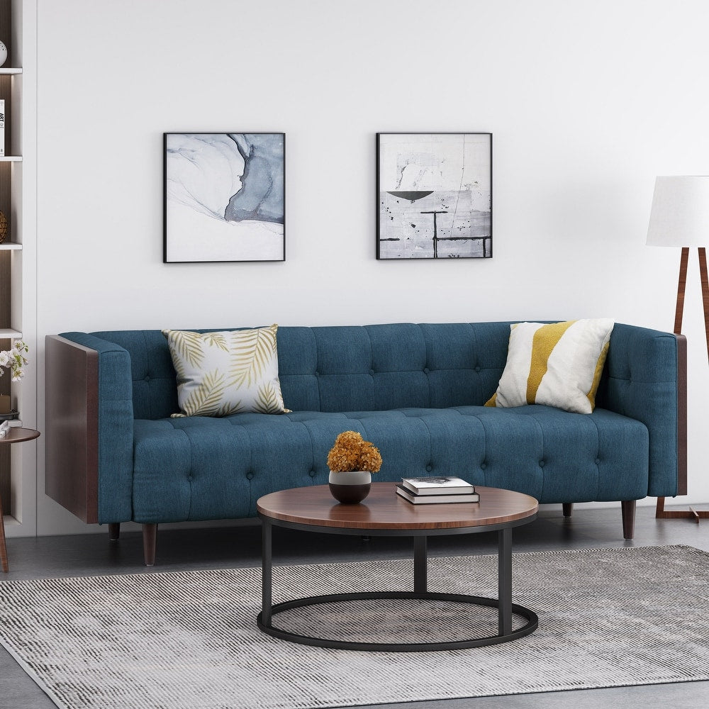 Stylish Mid-Century Modern Three-Seater Sofa with Button-Tufted Waffle Stitch