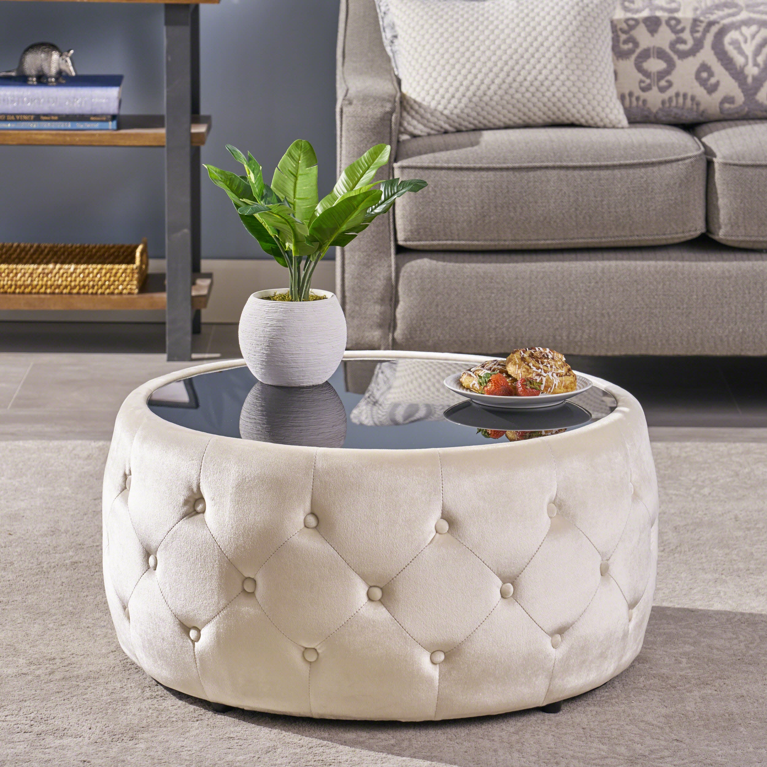 Christopher Knight Home Velvet Round Tufted Ottoman with Tempered Glass Top – Modern Glam Accent