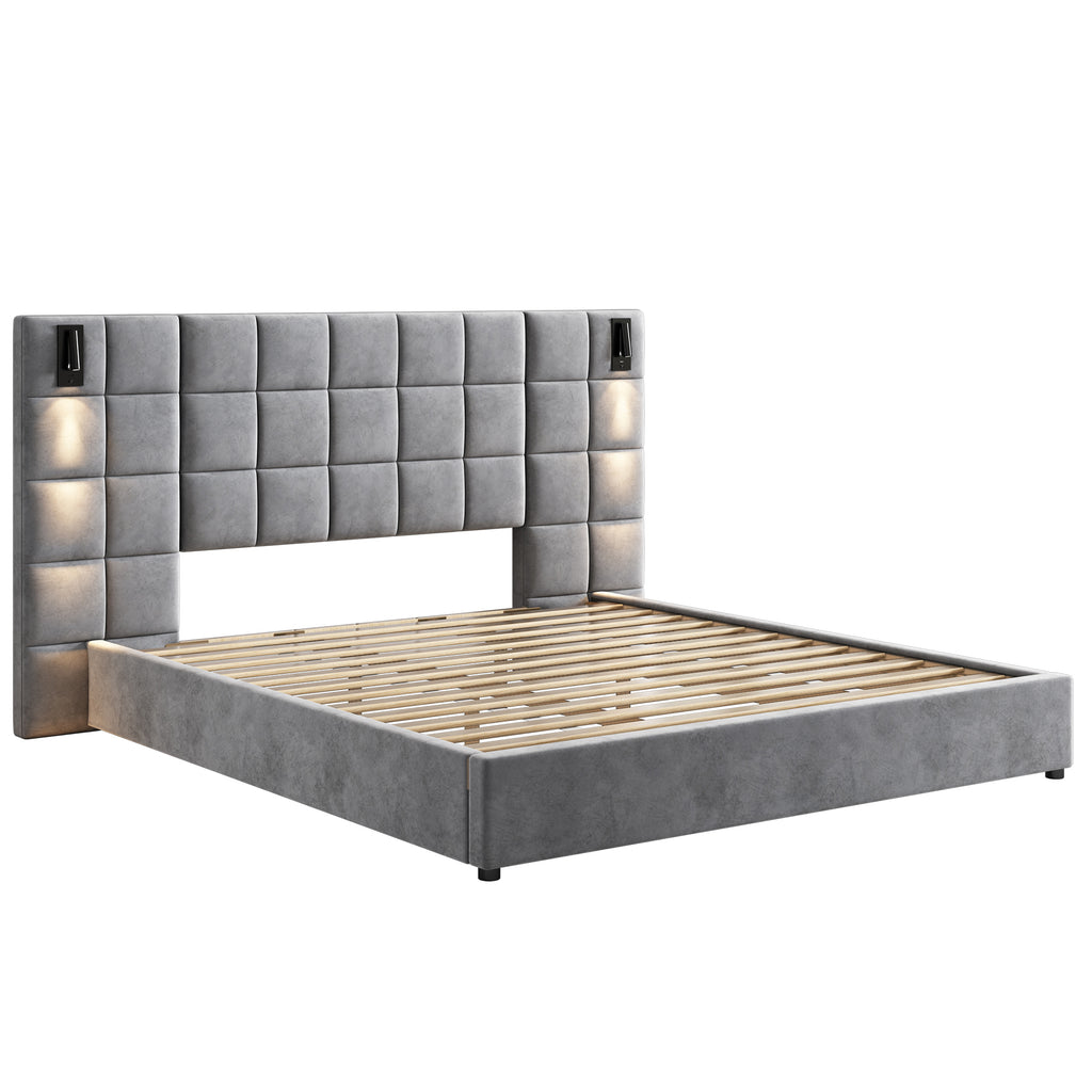 Christopher Knight Home Modern Velvet Upholstered Bed Frame with Padded Headboard & USB Wall Sconce