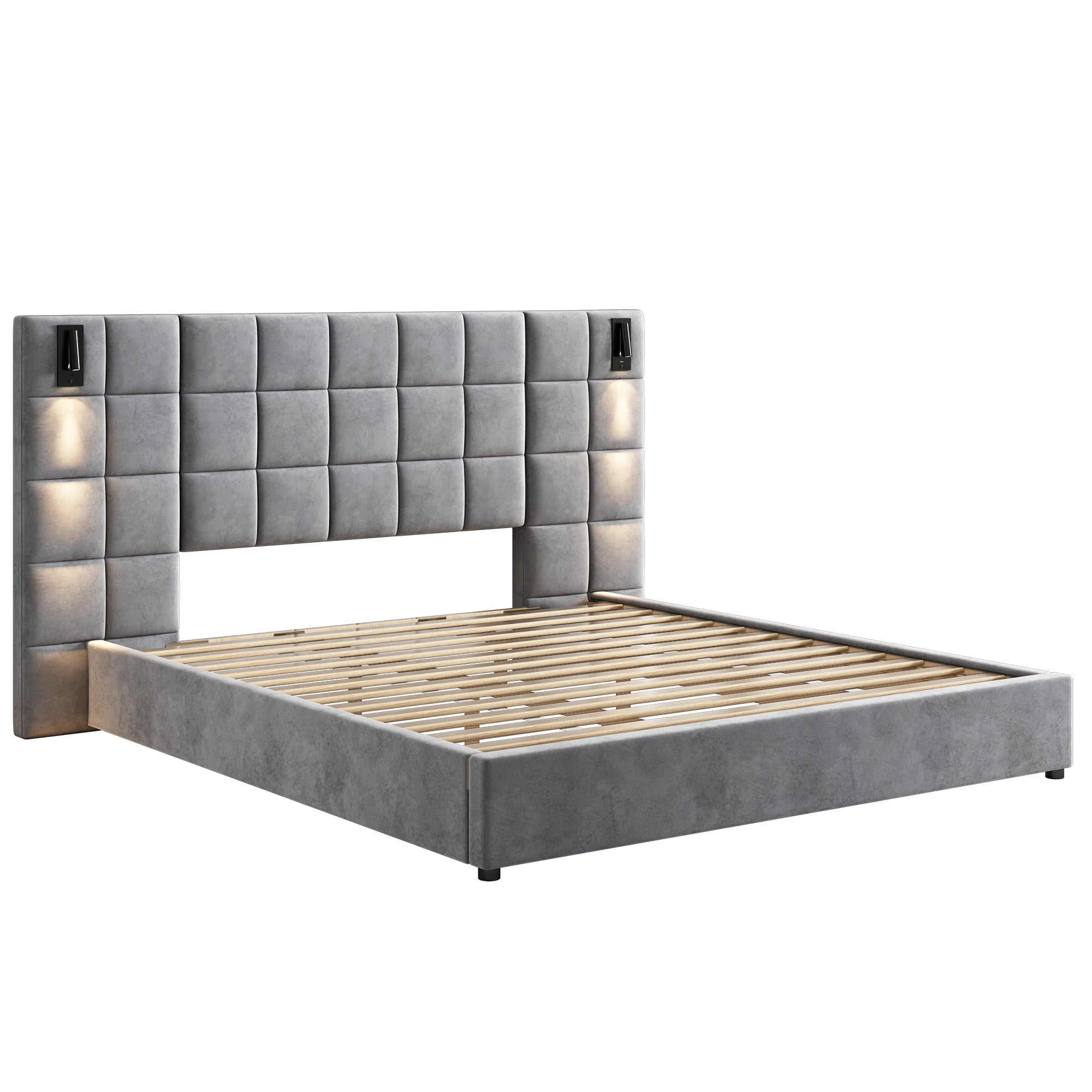 Christopher Knight Home Modern Velvet Upholstered Bed Frame with Padded Headboard & USB Wall Sconce