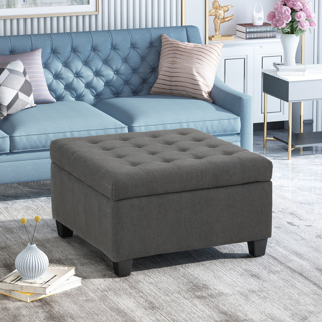 Tufted Square Storage Ottoman with Soft-Closing Hinges & Upholstered Lid