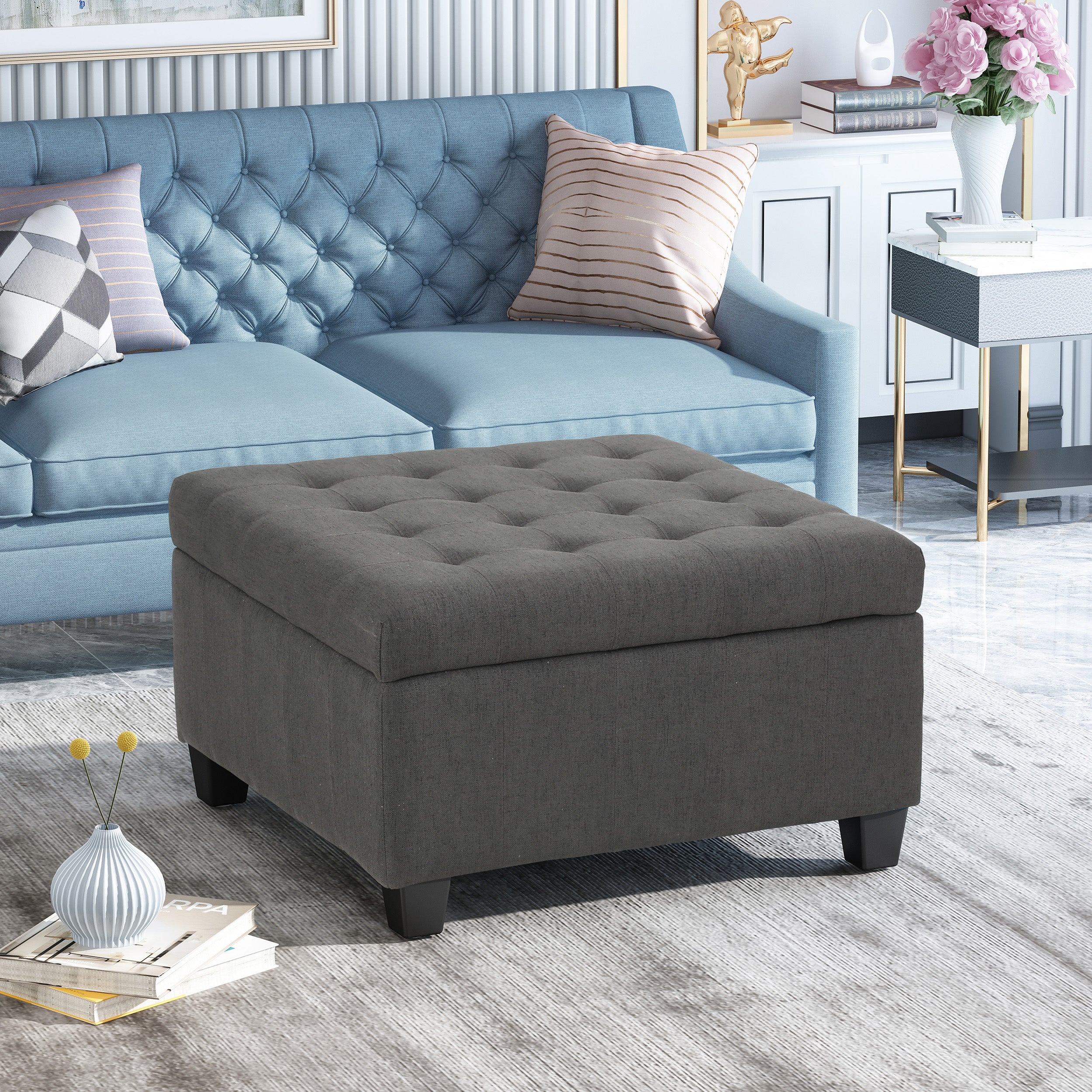 Tufted Square Storage Ottoman with Soft-Closing Hinges & Upholstered Lid