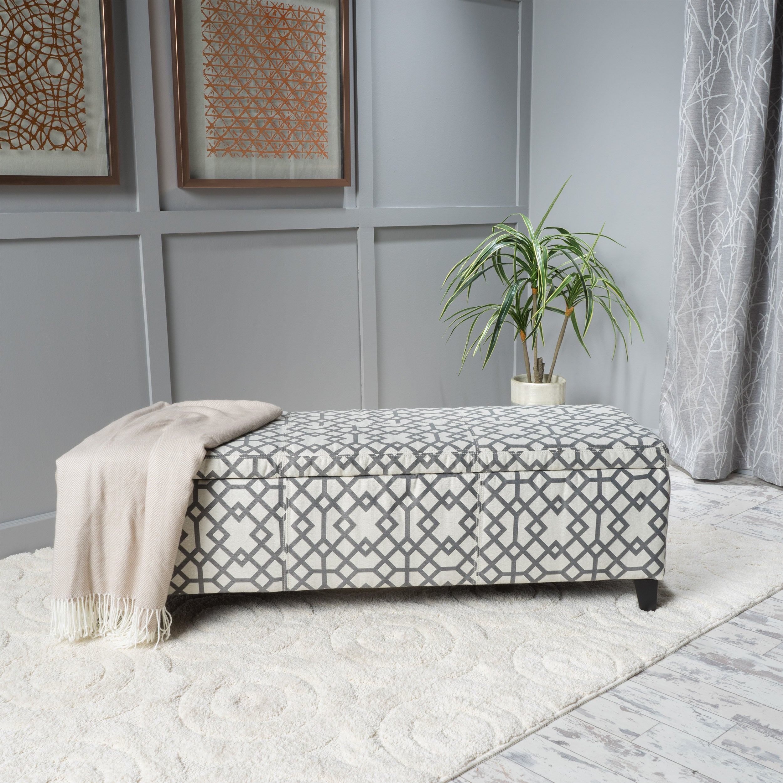 Storage Bench Ottoman with Hidden Storage & Geometric Gray-White Upholstery