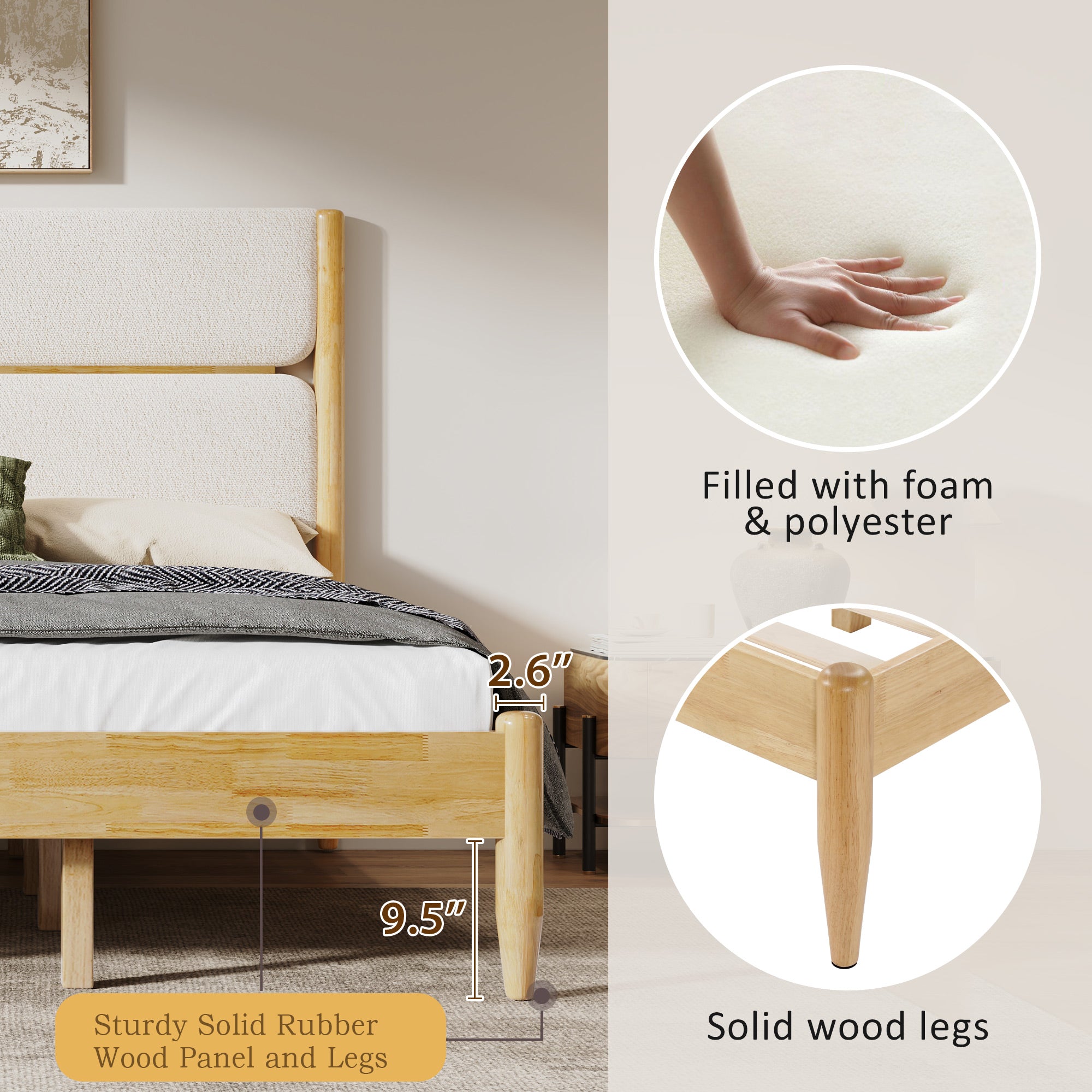 Christopher Knight Home Rubber Wood Upholstered Bed Frame with Tall Plush Headboard