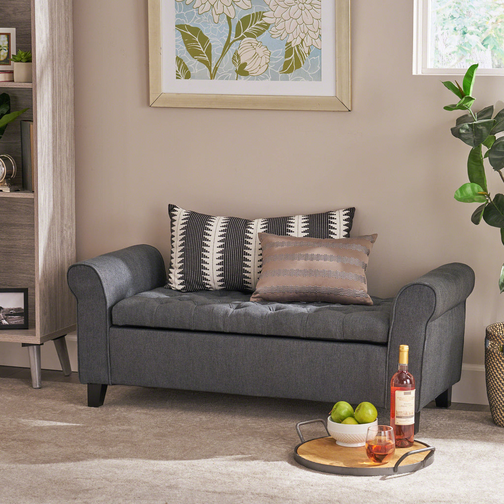 Contemporary Storage Ottoman Bench – Button-Tufted Diamond Stitch, Rolled Arms & Hidden Storage, 50” W