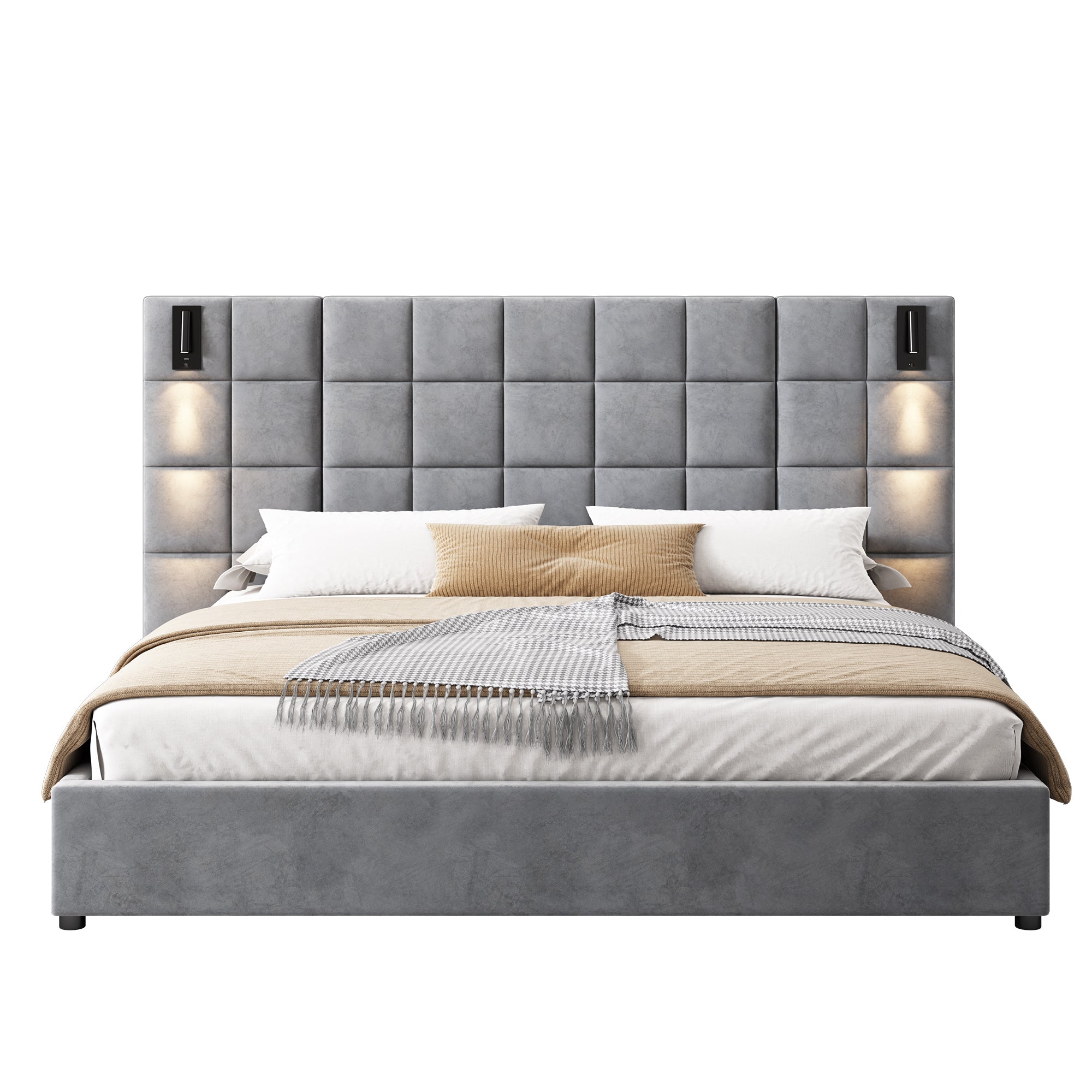 Christopher Knight Home Modern Velvet Upholstered Bed Frame with Padded Headboard & USB Wall Sconce