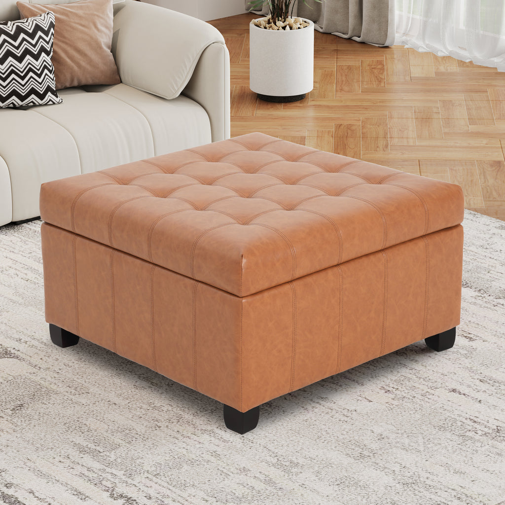 Tufted Square Storage Ottoman with Soft-Closing Hinges & Upholstered Lid