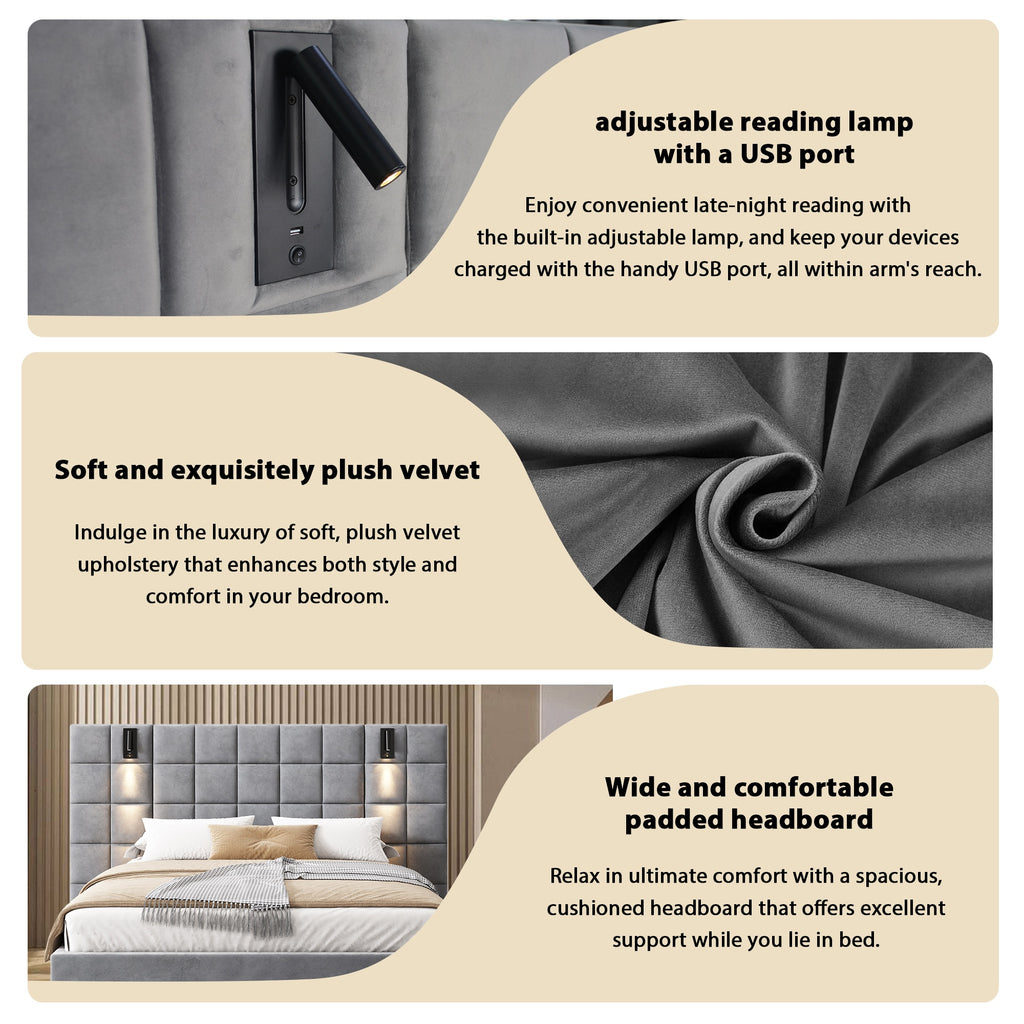 Christopher Knight Home Modern Velvet Upholstered Bed Frame with Padded Headboard & USB Wall Sconce