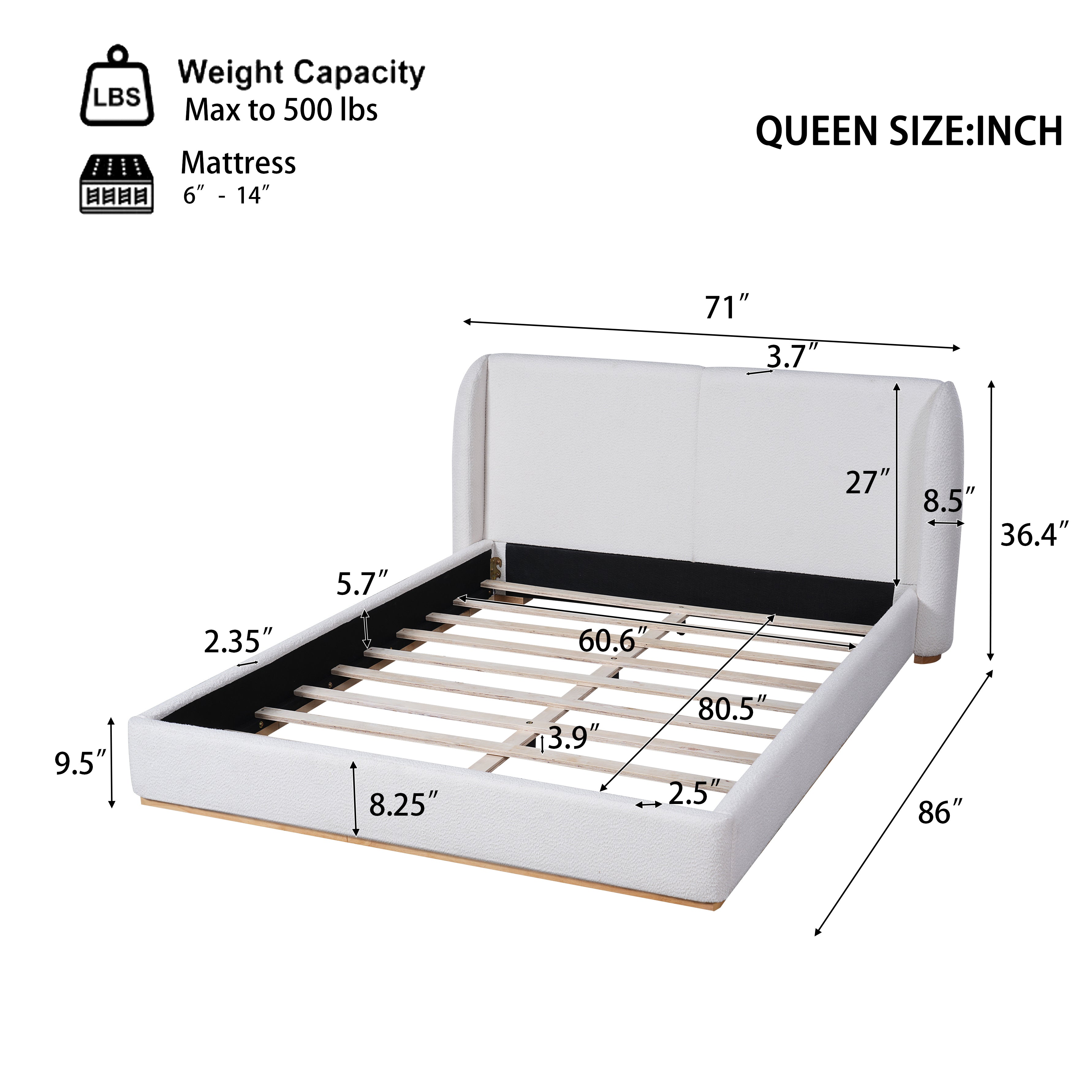 Christopher Knight Home Modern Boucle Upholstered Platform Bed with Solid Wood Base & Wingback Headboard