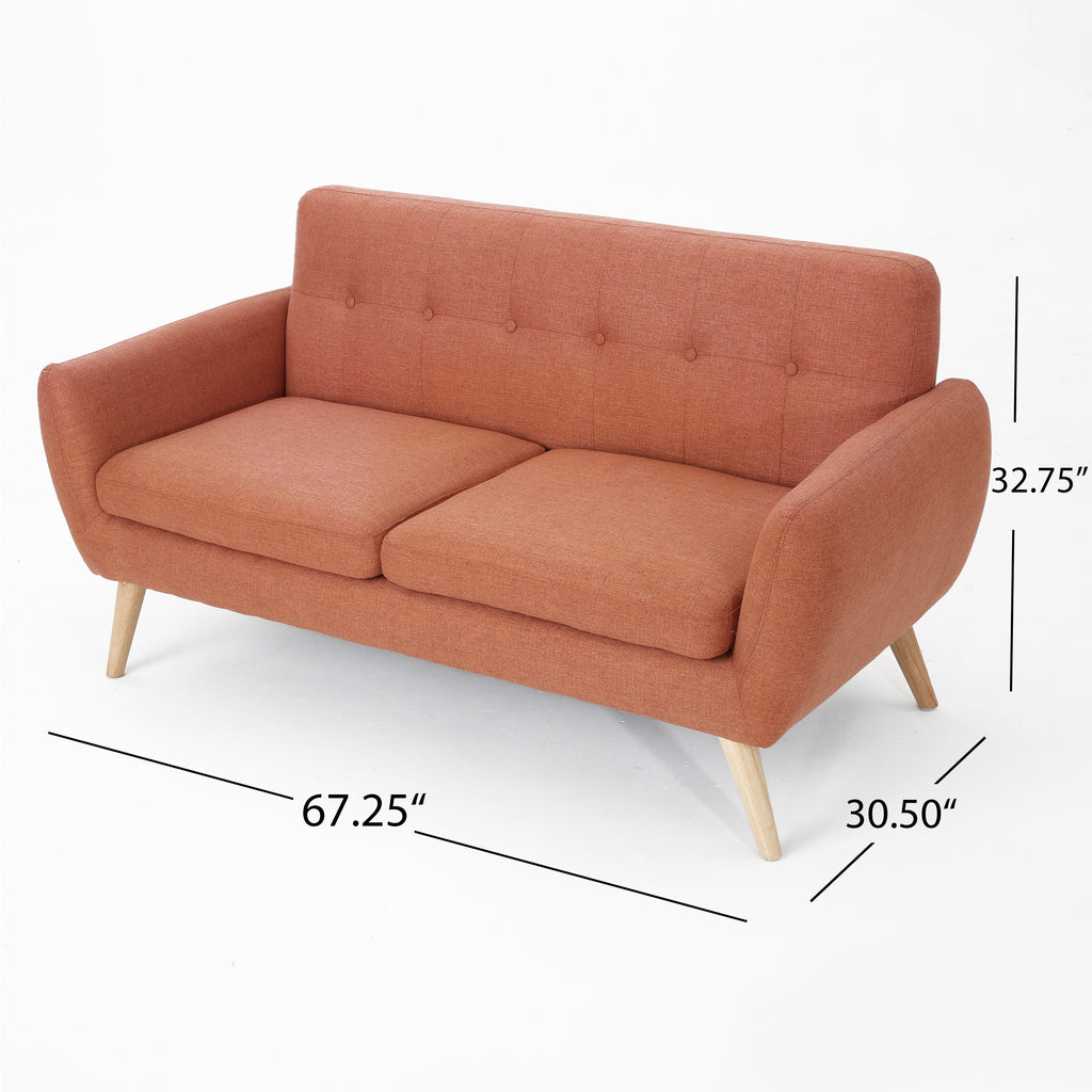Mid-Century Modern Loveseat with Button-Tufted Waffle Stitch & Tapered Wood Legs – Compact Small-Space Sofa