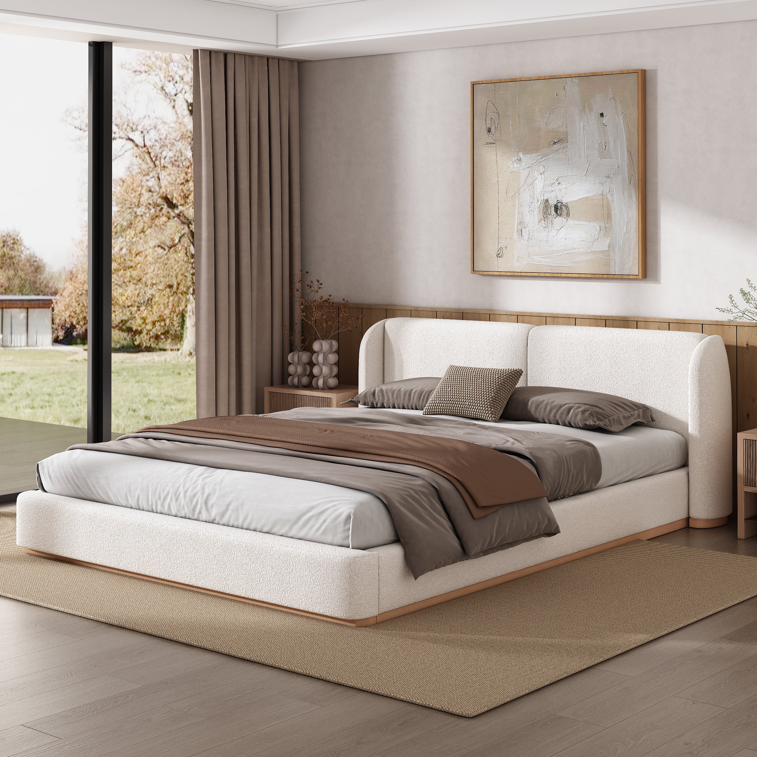 Christopher Knight Home Modern Boucle Upholstered Platform Bed with Solid Wood Base & Wingback Headboard