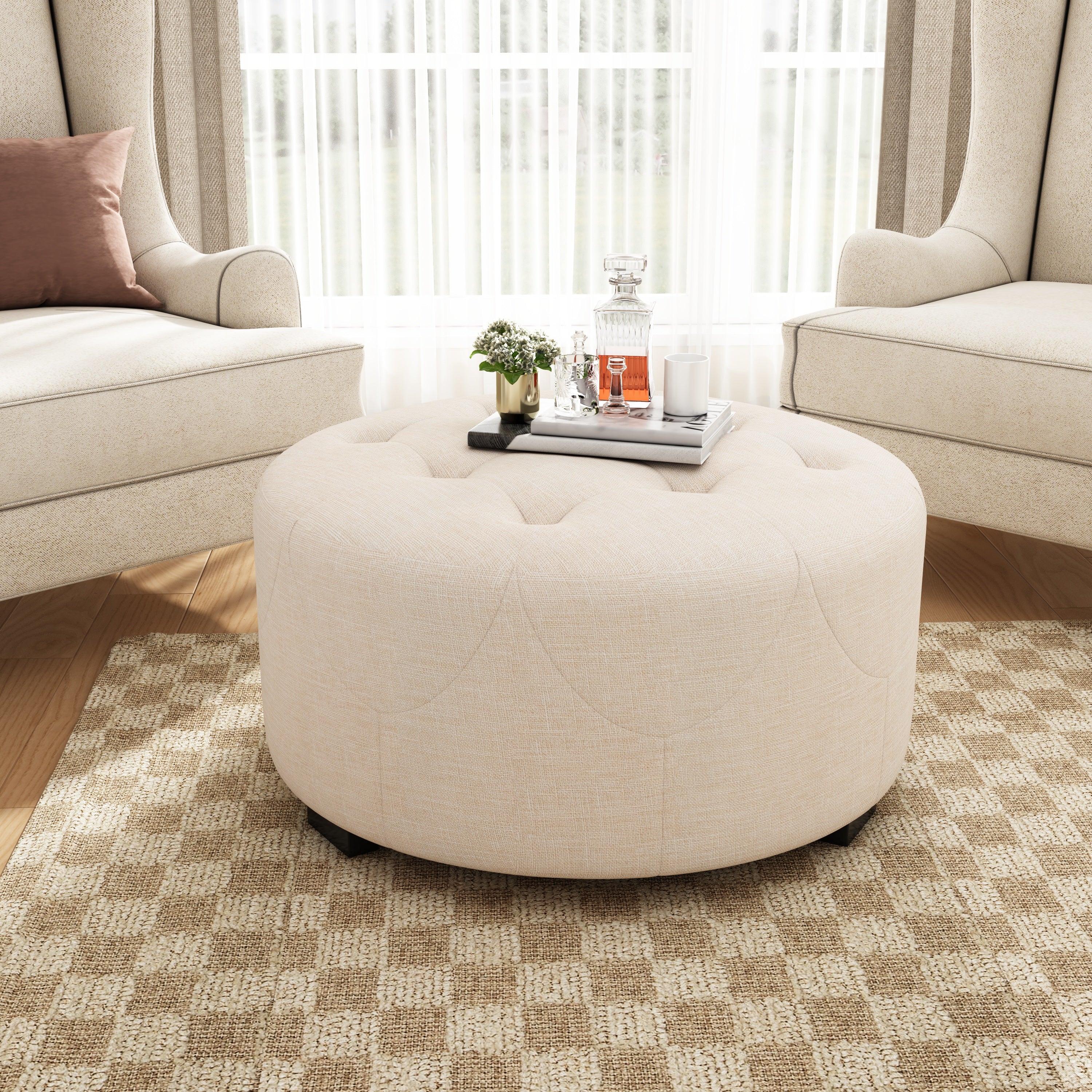 Christopher Knight Home Round Linen Ottoman with Button Tufted Design & Birch Wood Legs – Versatile Footstool and Extra Seating