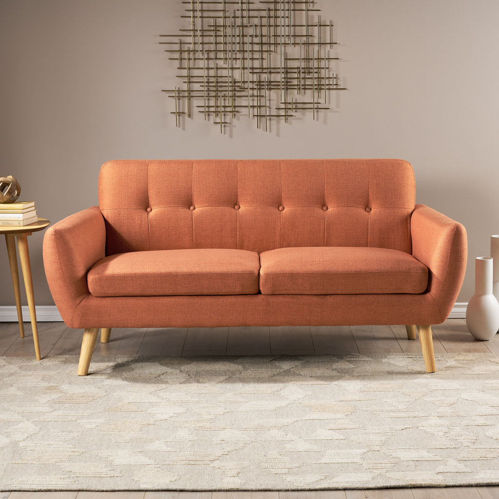 Mid-Century Modern Loveseat with Button-Tufted Waffle Stitch & Tapered Wood Legs – Compact Small-Space Sofa