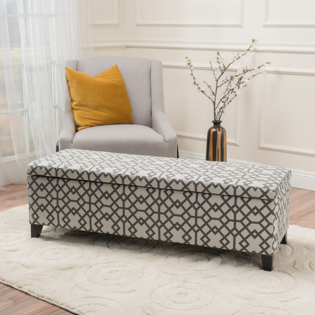 Storage Bench Ottoman with Hidden Storage & Geometric Gray-White Upholstery